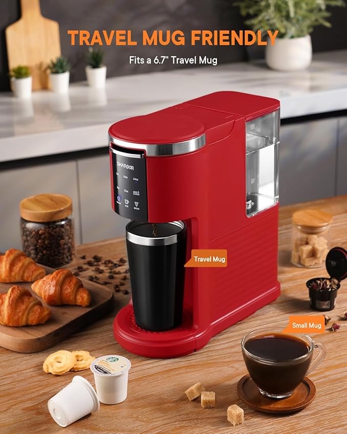 SHARDOR K Cup Coffee Maker, 3 in 1 Single Serve Coffee Maker for K Cup Pods & Ground Coffee & Teas, 6 to 14oz Brew Sizes, 40oz Detachable Water Reservoir, Compact Design, Red