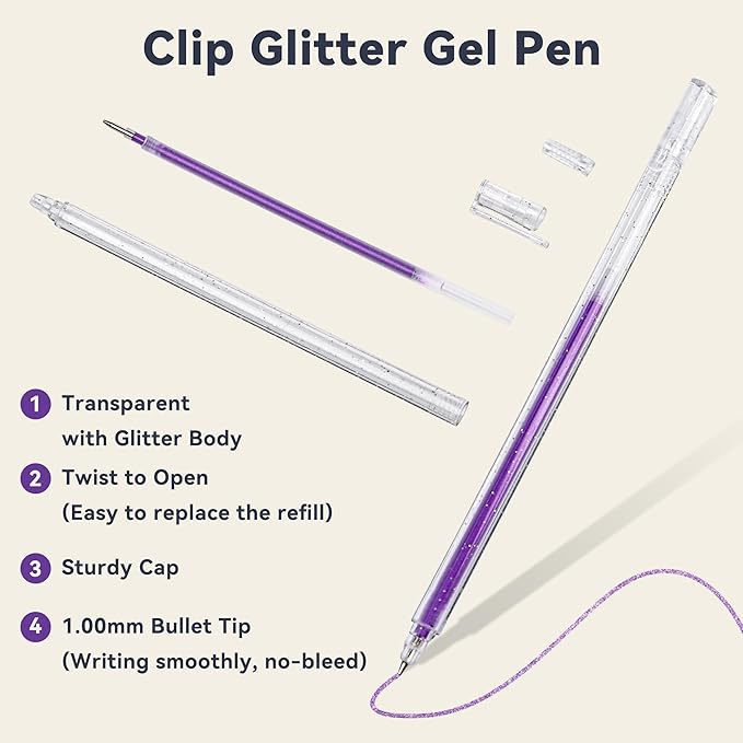 Sparkle Glitter Gel Pens 18 Colors, Metallic Glitter Gel Pen Set, 1mm Fine Point, Click-off Cap Gel Pens for Journaling Art Projects, Kids Adults Coloring Supplies, Highlightings
