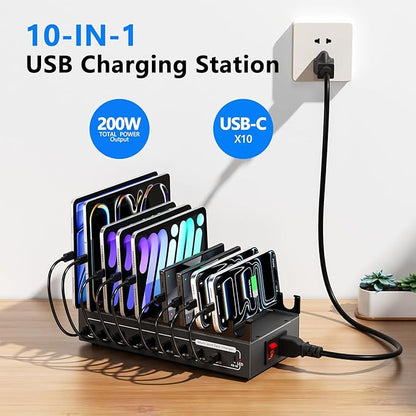 200W Charging Station for Multiple Devices, 10 Ports USB C Fast Charger Station, Desktop Multi-Port Fast Charger with Storage Dividers, Compatible with Cellphone, Kindle, Tablet, iPhone, iPad and More