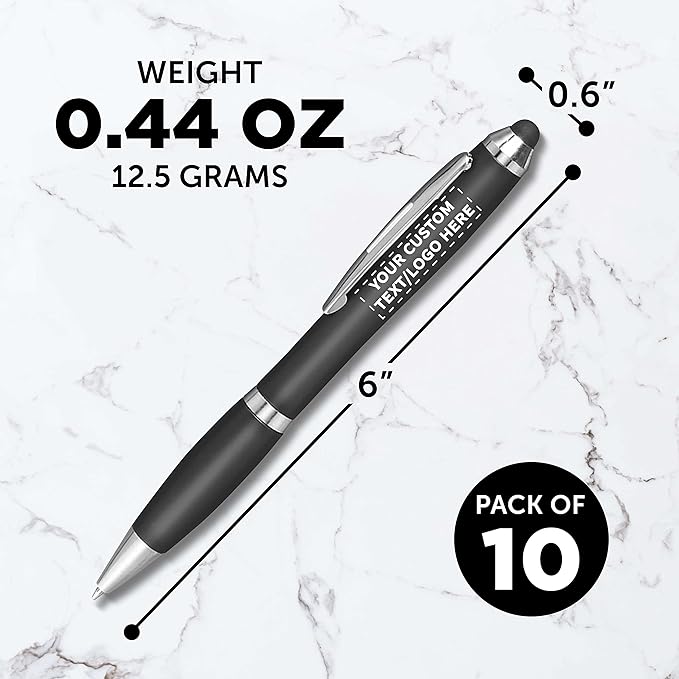 DISCOUNT PROMOS Custom Plastic Stylus Pens Set of 10, Personalized Bulk Pack - Black Ink, Great for Office, School, Business, Tradeshows, Events - Black