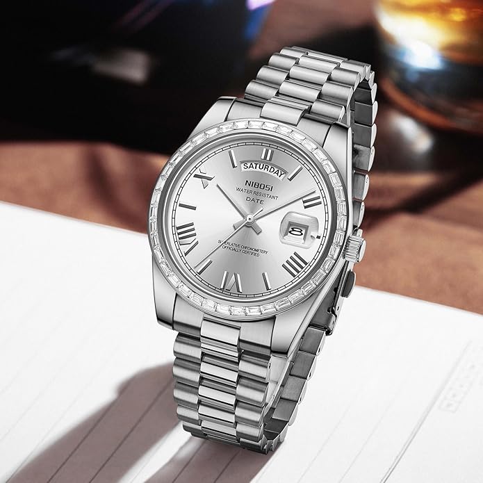 NIBOSI Men's Watches Analog Quartz Diamond Bezel Stainless Steel Dial Rose Gold Silver Watches for Men Waterproof Business Classic Dress Wrist Watch with Day Date