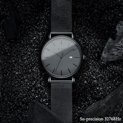 BUREI Men Watches Brown Leather Fashion Minimalist Wrist Watch Simple Ultra Thin Waterproof Quartz Watches All Black Stainless Steel Mesh Band,Gift for Men Women