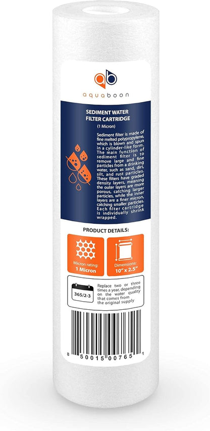 Aquaboon 1 Micron Whole House Sediment Filter 10 x 2.5 for RO & Well Water Filters Replacement Cartridges Compatible with AP110, WHKF-GD05, 25 Pack
