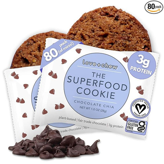 Love + Chew Superfood Soft Baked MINI Cookies, Chocolate Chia Flavor, Plant Based Cookie Made With Chia Seeds & Dark Chocolate for Kids and Adults, Vegan Snacks, Gluten Free, Paleo, Non GMO, 80 Pack