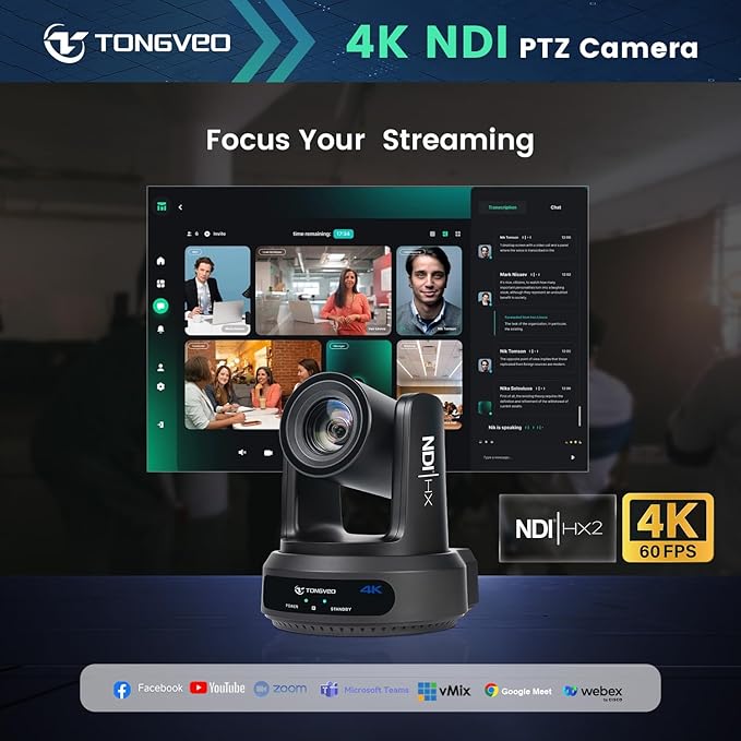 4K NDI PTZ Camera 60FPS, 4KP60 AI Auto-Tracking 20X Optical Zoom Video Conference Camera 1/1.8 UHD CMOS 8.42MP with USB 3G-SDI HDMI LAN Outputs POE Live Streaming for Church Worship Conference Events