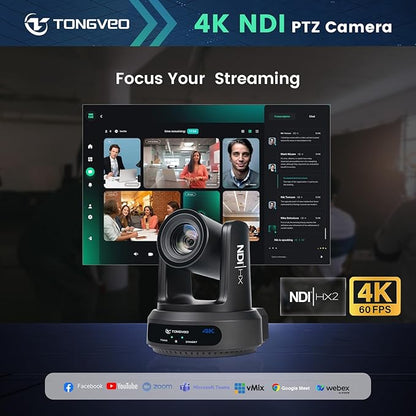 4K NDI PTZ Camera 60FPS, 4KP60 AI Auto-Tracking 20X Optical Zoom Video Conference Camera 1/1.8 UHD CMOS 8.42MP with USB 3G-SDI HDMI LAN Outputs POE Live Streaming for Church Worship Conference Events