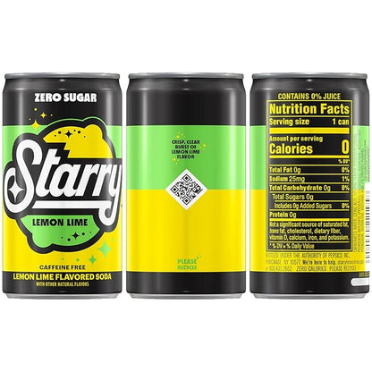 Starry Zero Sugar Lemon Lime Soda, Caffeine Free, Mini Cans, 7.5 Ounce (Pack of 10)