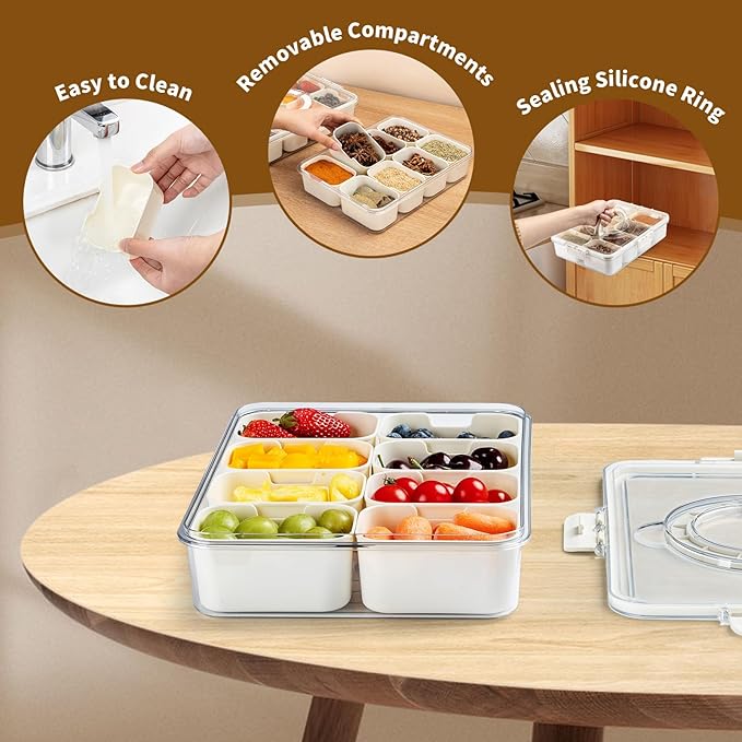 Divided Serving Tray Fresh-keeping Box with Lid&Handle，8 Compartments Snackle Box Charcuterie Container,Snack Box Container for Adults,Travel Snack Tray with Lid for Fruit,Vegetable,Candy,（2 Pack）