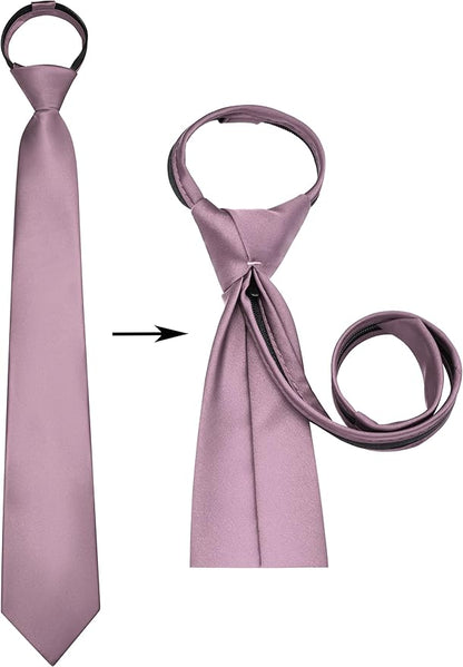 Branduce 3.15"（8cm） Pre-tied Adjustable Zipper Tie and Lapel Pin Solid Necktie Handkerchief Set for Men