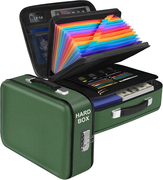 Fireproof Document Box, Hard Shell Fireproof Box, Document Organizer with Lock, Fireproof Water Resistant box, Portable Documents Safe Box for Important Document Certificates, Laptop, Passports, Green