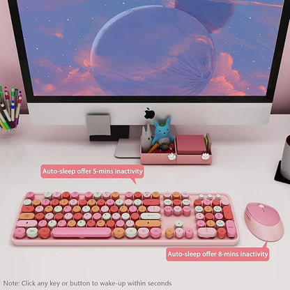 KOOTOP Cute Pink Wireless Keyboard and Mouse, 2.4G Retro Round Keycap for PC, Mac, Laptop, Tablet, Computer Windows