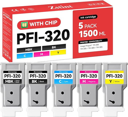 PFI-320 Pigment Ink Tank Set 5-Pack 300ml High Capacity Replacement for Canon PFI-320 PFI320 Ink Cartridges Compatible with Canon imagePROGRAF TM-200 TM-205 TM-300 TM-305 Printer Black Yellow Magenta