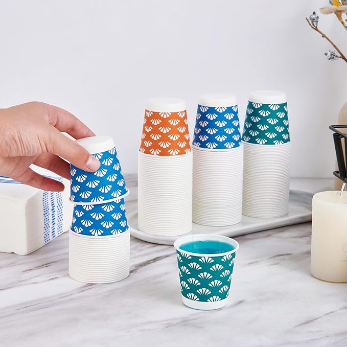 JollyPack 1200 Pack 3 oz Disposable Bathroom Paper Cups, Small Mouthwash Cups in Orange, Blue, and Green, Great for Candy, Biscuits, Bathroom Use, Parties, Picnics, and Travel