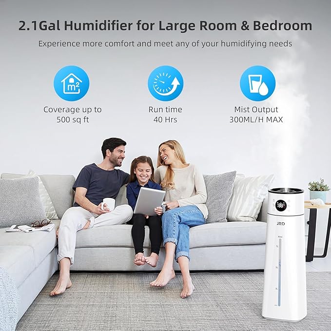 JRD Humidifier Large Room 8L/ 2.1Gal, Ultrasonic Cool Mist for Bedroom, Quiet Humidifier with Remote Control, 10 Mist Modes, 24H Timer, AI Mode for Baby Home Office Adults Plants
