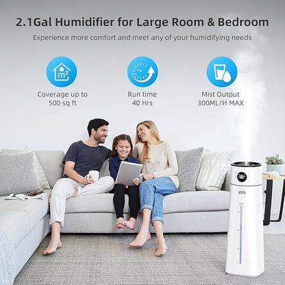 JRD Humidifier Large Room 8L/ 2.1Gal, Ultrasonic Cool Mist for Bedroom, Quiet Humidifier with Remote Control, 10 Mist Modes, 24H Timer, AI Mode for Baby Home Office Adults Plants