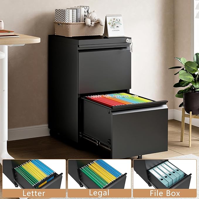 2 Drawer File Cabinet, Small Mobile File Cabinet with Lock, Metal Rolling Filing Cabinets for Letter/Legal/A4 File, Home, Office, Black