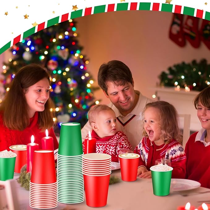 Nosiny 500 Pieces 8 oz Christmas Disposable Cups Red Green Christmas Paper Coffee Cups for Hot Cold Beverage Chocolate Tea Cocoa, Xmas Holiday Table Decorations