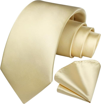HISDERN Mens Solid Color Ties Formal Satin Necktie and Pocket Square Set Classic Wedding Business Tie & Handkerchief