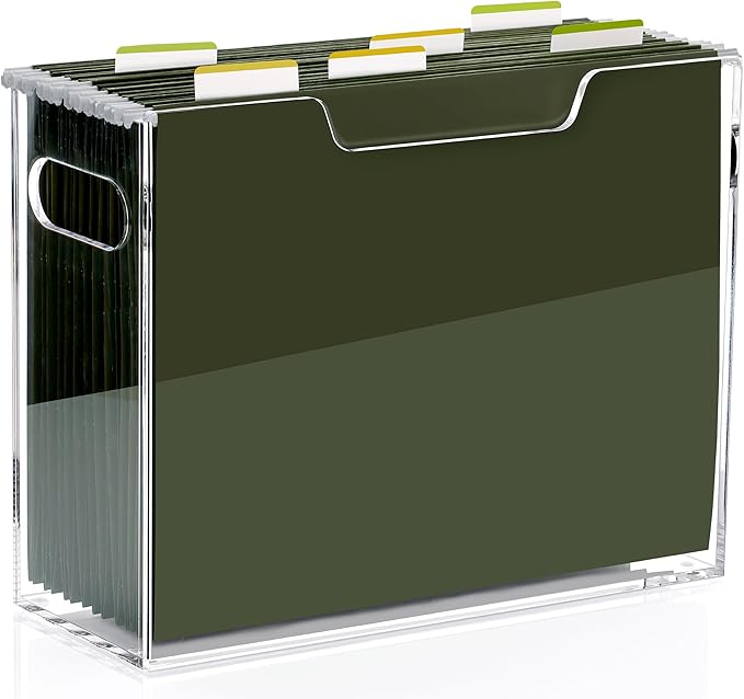 DINGHUO Hanging File Box, Letter Size Acrylic Hanging File Organizer, Clear Portable File Storage Box with Handle, File Folder Holder for Desk Home Office School -1 Pack