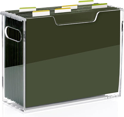 DINGHUO Hanging File Box, Letter Size Acrylic Hanging File Organizer, Clear Portable File Storage Box with Handle, File Folder Holder for Desk Home Office School -1 Pack