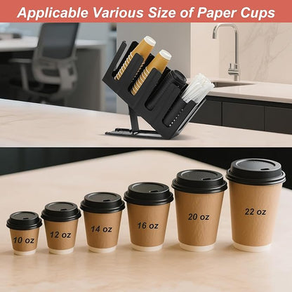 Paper Cup and Lid Holder with Straw Organizer,4 Compartment Adjusting,Coffee Cup Dispenser for Countertop,Coffees Station,Bar Restaurant,Black