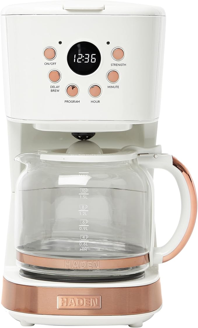 Haden Coffee Machine, 12 Cup Programmable Drip Coffee Maker with Auto Shut-Off Function and Reusable Washable Water Filter, Ivory & Copper