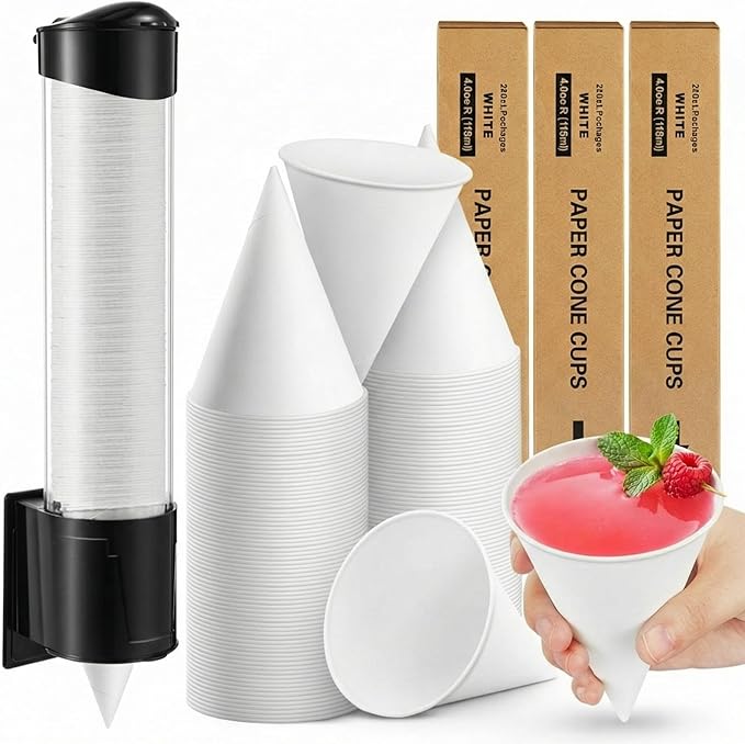 Roshtia 600 Pcs 4 oz Snow Cone Cups Paper Thicken Disposable with 1 Cups Dispenser Pull Type Wall Mount Cup Holder Paper for Restaurants, Home, and Office, and Shaved Ice, Cold (Black)