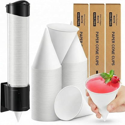 Roshtia 600 Pcs 4 oz Snow Cone Cups Paper Thicken Disposable with 1 Cups Dispenser Pull Type Wall Mount Cup Holder Paper for Restaurants, Home, and Office, and Shaved Ice, Cold (Black)