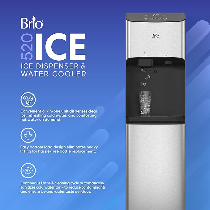 Brio 520 Water Dispenser for 5 Gallon Bottle with Ice Maker Bottom Load | UV Self Cleaning Technology, LED Touch Display with Digital Clock, Night Light, Child Safety Lock | 2X Fast Dispense