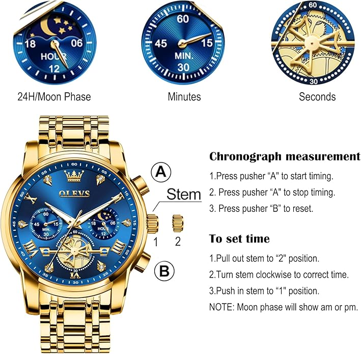 OLEVS Men Watches Stainless Steel Chronograph Watch, Large Wrist Analog Quartz Watch, Fashion Waterproof Diamond Roman Numerals Dress Watches for Men, Gold/Black/White/Blue/Grey Dial