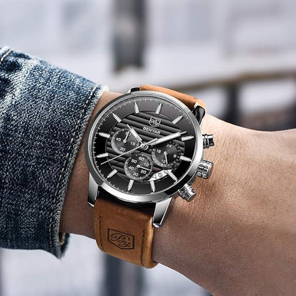 BENYAR Quartz Chronograph Waterproof Watches Business and Sport Design Leather Band Strap Wrist Watch for Men
