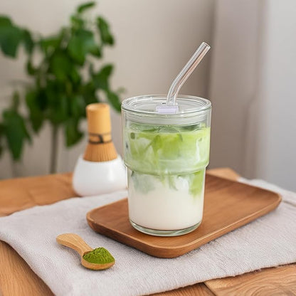 13oz Glass Tumbler with Straw and Lid, Leak Proof Iced Coffee Cup, Thick Wall BPA Free Drinking Glass Water Cups for Iced Coffee, Matcha, Smoothie and Travel-(Clear-2pack)