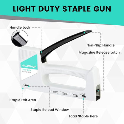 HAUSHOF Light Duty Staple Gun, Upholstery Staple Gun with 800PCS JT21 Staples and Stapler Remover, Fits JT21 Staple of 1/4'', 5/16'' & 3/8'', Used for Wood, Classroom, Crafts, DIY, Decoration (White)