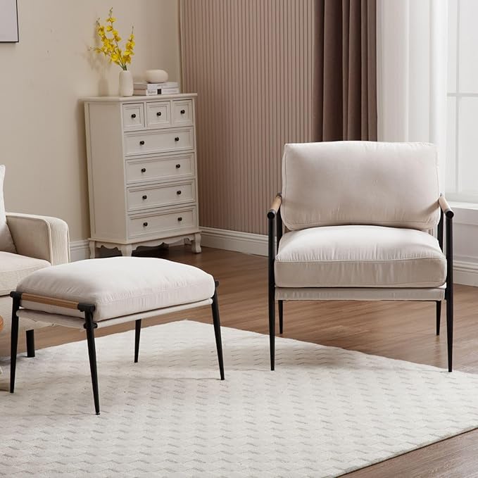 LukeAlon Mid-Century Chenille Accent Chair with Ottoman, Soft Living Room Chair with Metal Legs Modern Upholstered Armchair Reading Nook Chair Lounge Leisure Chair with Footstool for Bedroom, Beige