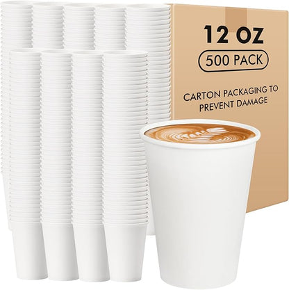 RACETOP Paper Coffee Cups 12 oz 500 pack, Paper Cups Disposable, Hot Coffee Cups, Ideal for Coffee, Beverages (12oz 500 pack white)
