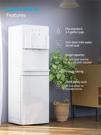 TABU Bottom Loading Water Cooler Dispenser with 3 Temperature Settings of Hot, Cold, Room Water, 3 or 5 Gallon Water Dispenser with Anti-Scalding & Child Safety Lock, White