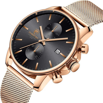 GOLDEN HOUR Mens Watch Fashion Sleek Minimalist Quartz Analog Mesh Stainless Steel Waterproof Chronograph Watches for Men with Auto Date