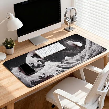 Black Wave of Kanagawa Patterns Desk Mat, Large Gaming Mouse Pad Non-Slip Rubber Base with Stitched Edges, Waterproof Protection for PC Laptop Home Office Desk Decor (31.5x11.8in)
