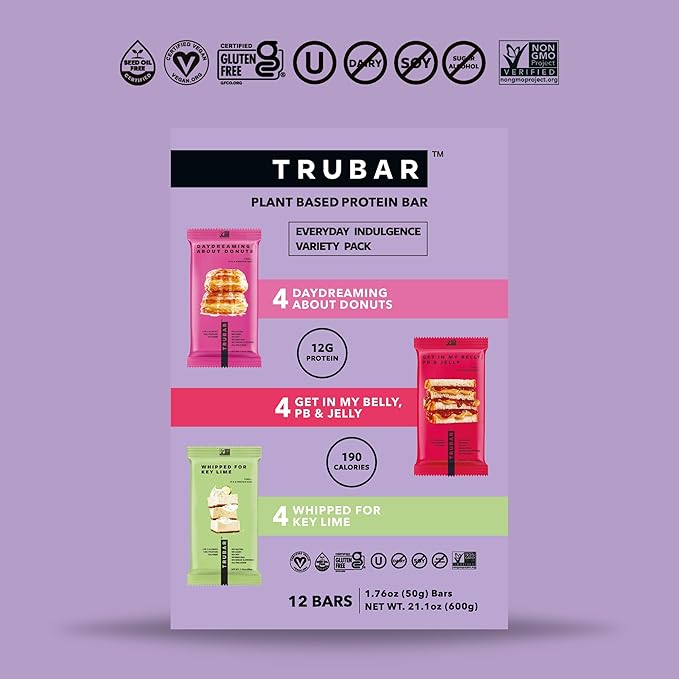 TRUBAR Vegan Protein Bar Variety Pack, Assorted Flavors, Donuts, PB & Jelly, Key Lime, Gluten Free, Vegan Protein Snacks, 12G Plant-Based Protein, High Fiber, Healthy Protein Bars, 12 CT