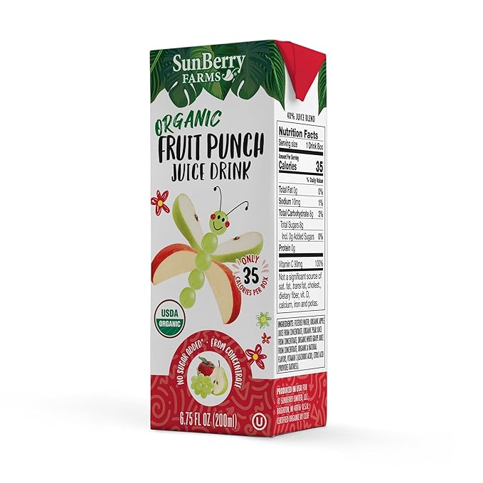 Sunberry Farms Organic Variety Pack Juice Boxes 6.75 fl oz (36 Pack) | Apple, Fruit Punch & Grape | USDA Organic Kids Drinks | No Artificial Flavors or Colors | Lunch Box Ready | Shelf-Stable