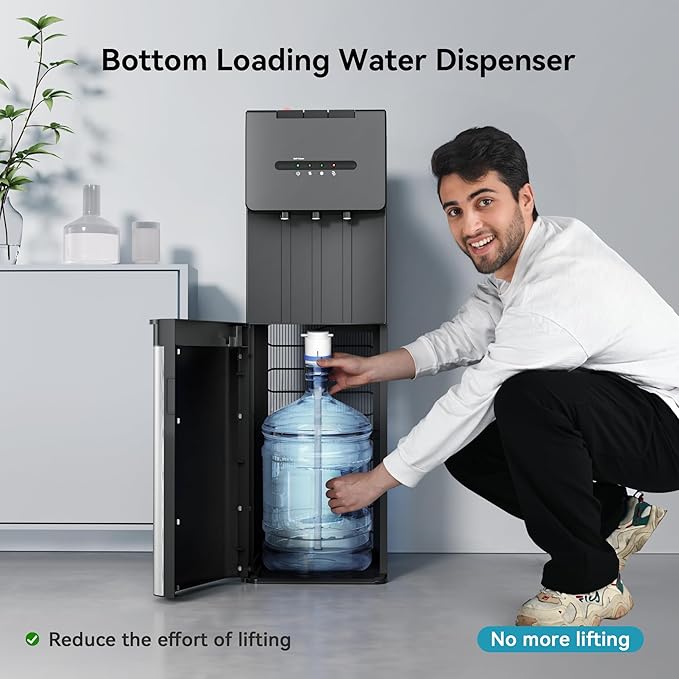 EUHOMY Self Cleaning Bottom Loading Water Cooler Dispenser, 3 Temperatures (Cold, Warm, Hot), Child Safety Lock, LED Indicator Light, Water Dispenser for Home, Apartment, Office, Black