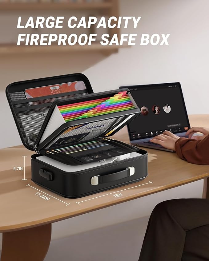 Oterri Fireproof Document Box,Hard Case Safe box with Lock,Upgraded 8 Layers Large File Organizer,Water Resistant Safe for Important Documents, Certificates, Laptop, Passports - File Box in Black