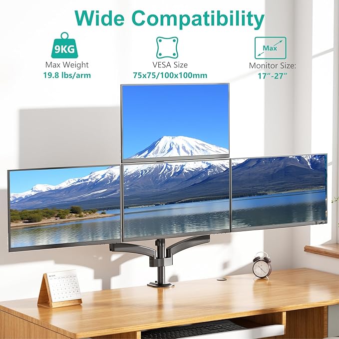 WALI Quad Monitor Mount for 17-27 inch Screens, Extra Tall 4 Monitors Desk Mount, up to 19.8lbs, 32.2 inch Height Max, Fully Adjustable Gas Spring 4 Monitor Stand, VESA 75/100mm (GSDM004S), Black
