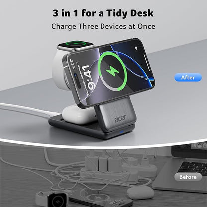 Acer 3 in 1 Charging Station for iPhone, Wireless Charger Stand,15W Fast MagSafe Charger for iPhone 17 16 15 14 13 12 Series-Apple Watch 11 10 9 8 7 6 5 4 3 2 SE and Ultra Series-Airpods 4 3 2 Pro