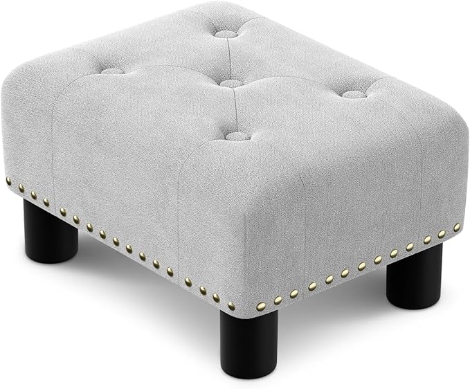 Athena Collection Small Ottoman Foot Rest with Legs, Linen Fabric Ottoman Foot Stool with Soft Padded seat, Square Footstool FootRest for Living Room, Bedroom, Office, Grey