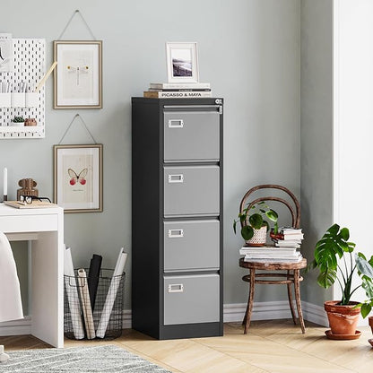 MIIIKO 4 Drawer File Cabinet, Metal Vertical Filing Cabinets with Lock, Home Office File Folders Storage Cabinet for Letter Legal A4 File Size
