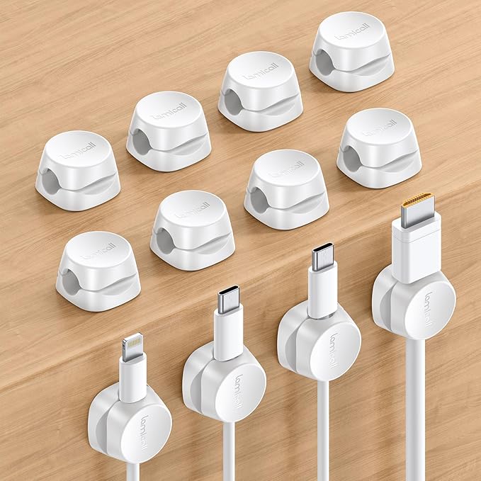 Lamicall 12Pack Spring Cord Organizer, Office Desk Accessories, Desk Cable Management Clips, Phone Charger Cord Holder for Nightstand, Home Workspace Organization Accessories, Dorm Room Essentials