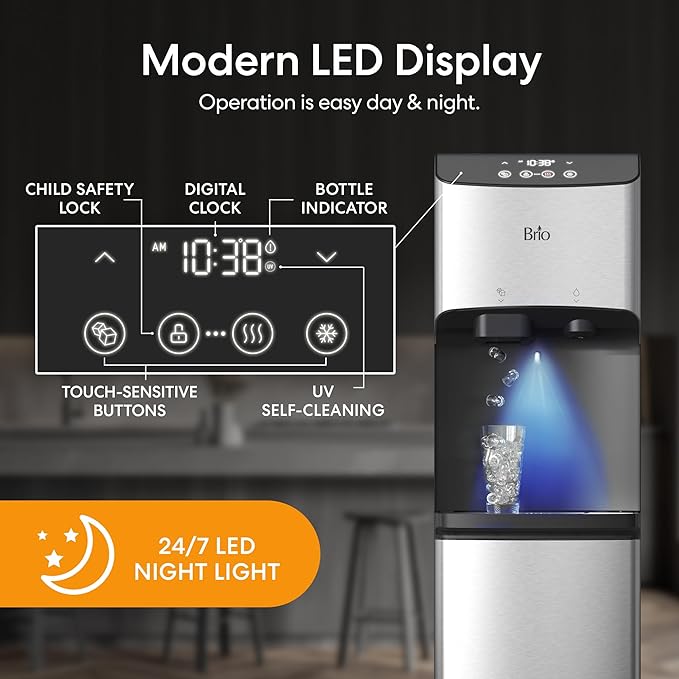 Brio 520 Water Dispenser for 5 Gallon Bottle with Ice Maker Bottom Load | UV Self Cleaning Technology, LED Touch Display with Digital Clock, Night Light, Child Safety Lock | 2X Fast Dispense
