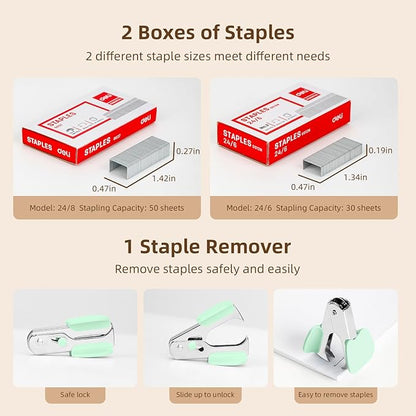 Deli Effortless Desktop Stapler, Heavy Duty Stapler, 40-50 Sheet Capacity, One Finger, No Effort, Includes 1500 Staples & Staple Remover, Green