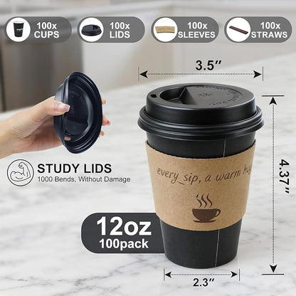 100 Pack 12 oz Coffee Cups,Disposable Hot Drink Paper Cups with Lids & Sleeves -12 Ounce Black Party Cups Perfect for Hot Beverages, Party, Office,and Home Use